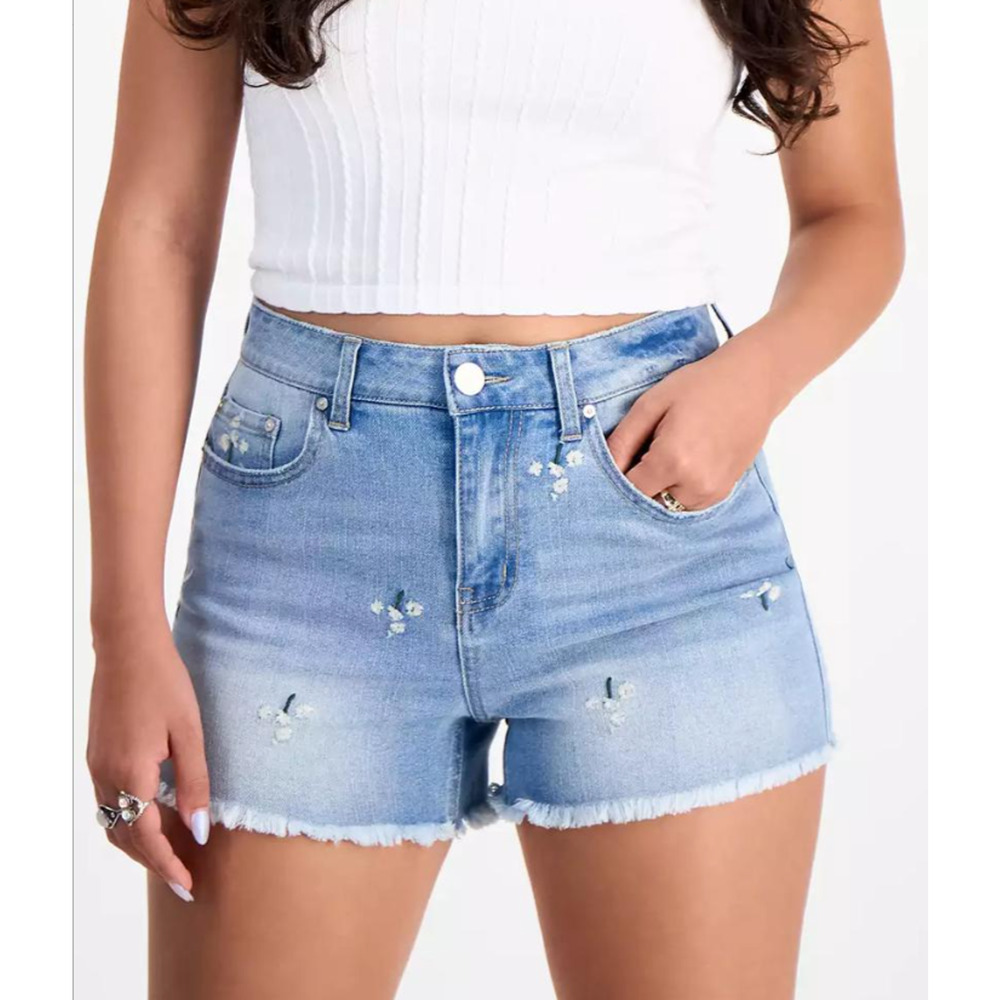 Indigo Rein Juniors' Embroidered  Frayed-Hem Denim Shorts 11